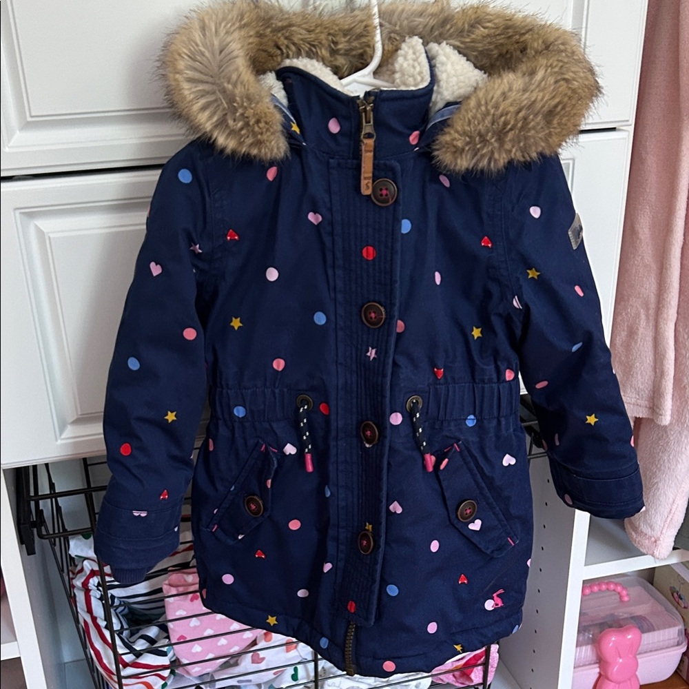 Navy Hooded Jacket with Faux Fur Trim